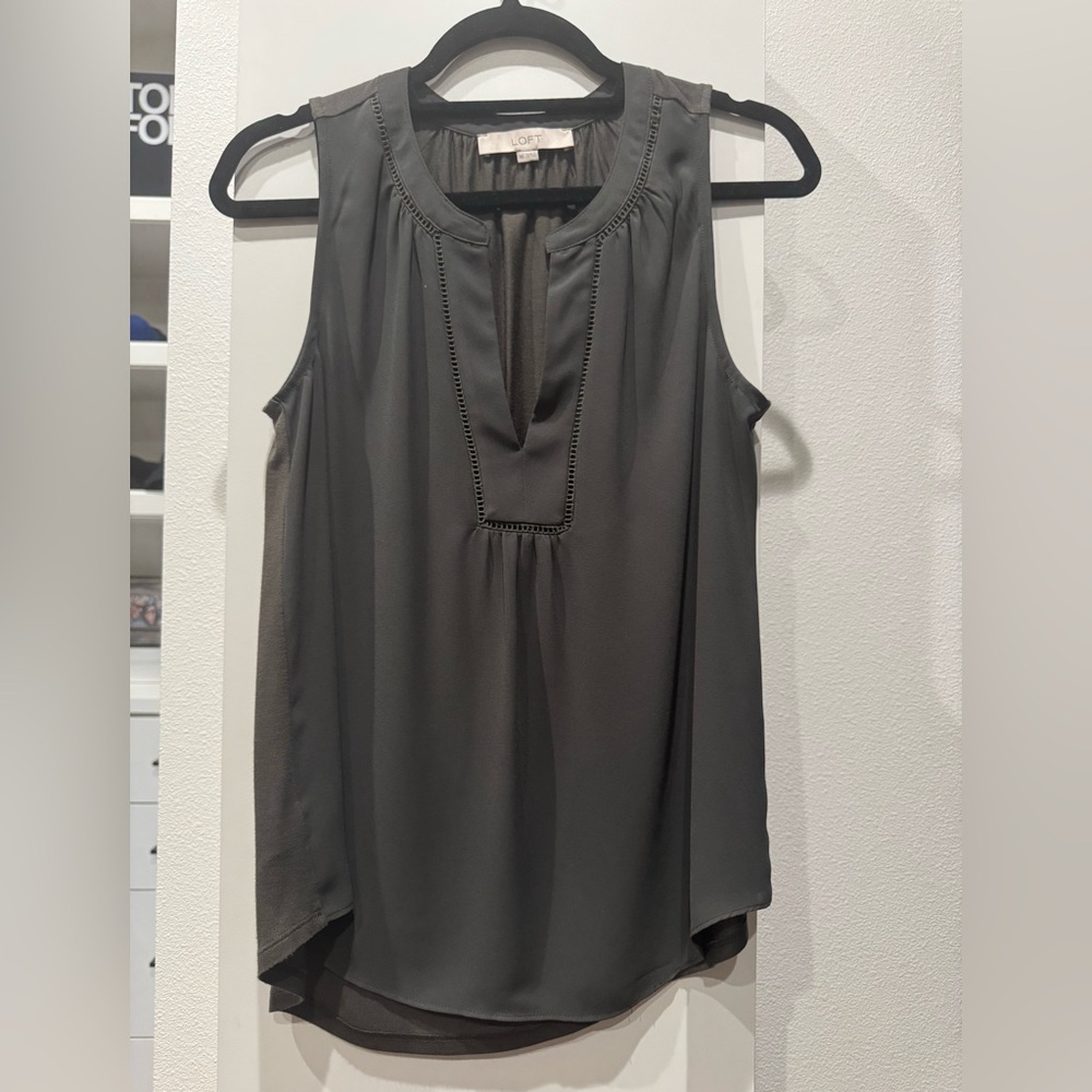 LOFT Olive Green Mixed Media Ladder Lace Shell Tank Top